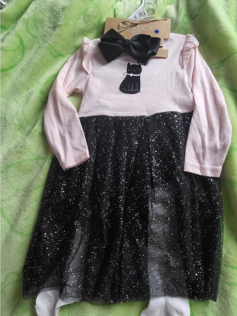 Toddler Pink & Black Cat Sparkle Dress with Bow